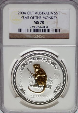 Ngc Registry Ms70 2004 Australia Year Of Monkey $1 Lunar Gold Gilt Silver 1oz Ag photo
