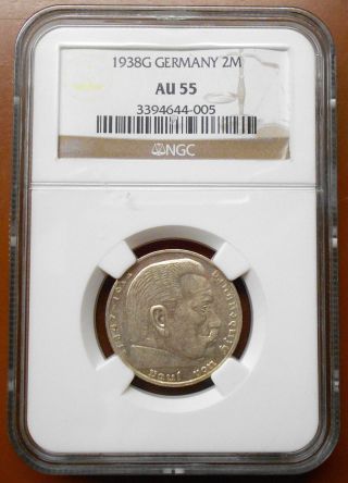 1938 G Germany - Third Reich Silver 2 Mark Coin - Ngc Graded Au 55 photo