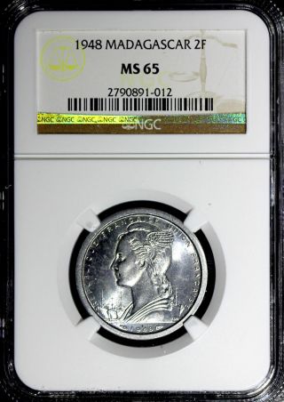 Madagascar 1948 2 Francs Conjoined Ox Heads Liberty Bust Ngc Ms65 Km 4 N/r photo