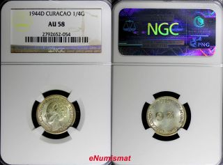 Curacao Silver 1944 D 1/4 Gulden Ngc Au58 Toned Km 44 photo
