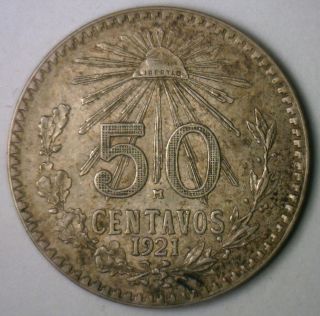 1921 Silver Mexico 50 Centavos Mexican Currency Coin Au photo