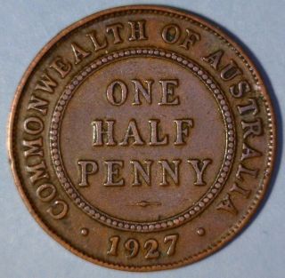 Australia 1/2 Penny 1927 Very Fine Copper Coin photo