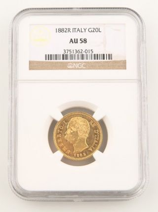 1882 - R Italian 20 Lire Gold Coin Au - 58 Ngc Umberto I Rome Italy Lira Km 21 photo