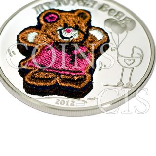 Palau 2012 5$ My Lovely Bear Proof Silver Coin W/swiss Embroidery photo