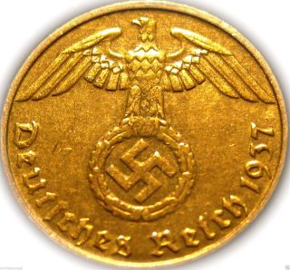 German 3rd Reich 1937d Reichspfennig Coin W/ Swastika - Germany Ww 2 - Rare Coin photo