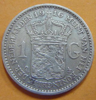 Rare - 1916,  Netherlands Silver 1 Gulden - Wilhelmina 9 - 103 photo