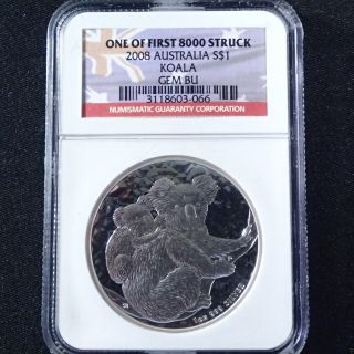 2008 Australia $1 Koala / 1 Oz.  999 Silver / Ngc Gem Bu One Of First 8000 Struck photo