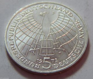 1973 - J Germany Coin Silver 5 Marks -.  2250 Troy Oz Asw - Commemorative Coperni photo