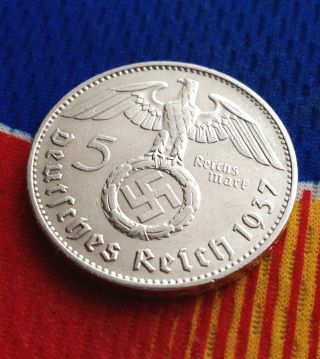 Ww2 German 5 Mark Silver Coin 1937 F Third Reich Swastika Reichmark photo
