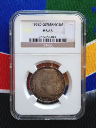 Ngc Ms 63 1938 D Ww2 5 Mark 90 Silver German Third Reich Coin photo