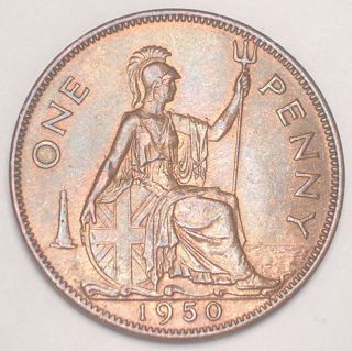 1950 Uk Great Britain British One Penny King George Vi Coin Xf, photo
