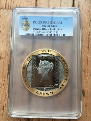 Pcgs Pr69 Dcam Isle Of Man 1990 150th Anniv Of Penny Black Stamp 5 Oz Gold Proof photo