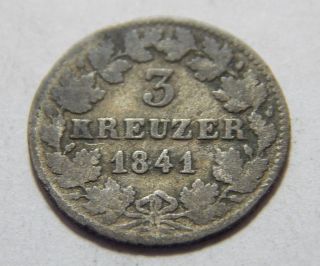 1841 Baden Germany Silver 3 Kreuzer Coin photo
