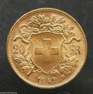 1949 - B Swiss Helvetia 20 Francs Gold Coin photo