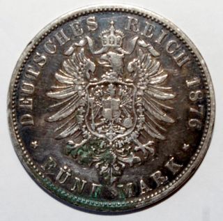 German States Prussia 5 Mark 1876 - C 0.  9 Silver Extremely Rare Only 812000 Minted photo