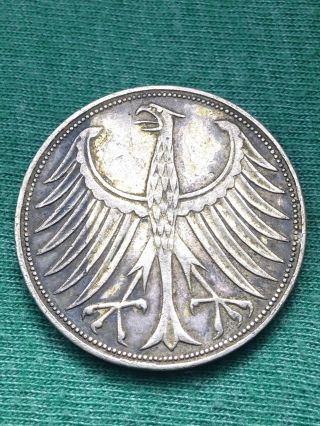 1951 - F German 5 Mark Silver Coin Patina On Coin photo