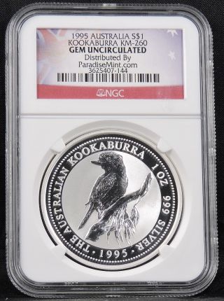 1995 Australia Silver Kookaburra $1.  Gem Unc By Ngc Australia Flag Label photo
