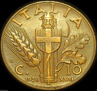 Kingdom Of Italy - Italian 1939r 10 Centesimi Coin - World War 2 Coin photo