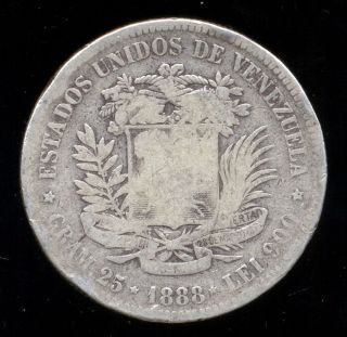349 - Indalo - Venezuela.  Silver 5 Bolivares 1888.  Scarce photo