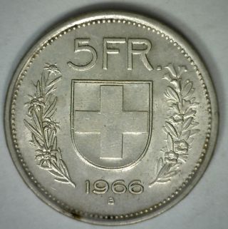 1966 B Silver Switzerland Swiss Helvetia 5 Five Franc Coin Au photo