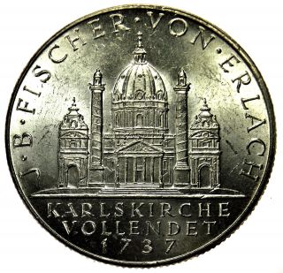 Austria 2 Schilling,  1937 St.  Charles Church Unc Grade Silver Coin photo