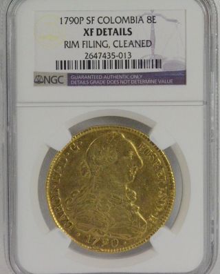 Historic 1790p Sf Colombia 8e Eight Escudos Gold Coin Ngc Xf Extra Fine 053 photo