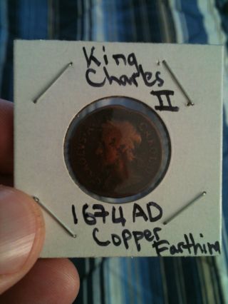 King Charles Ii Stuart Copper Farthing Coin 1674 Ad England Scotland Ireland photo