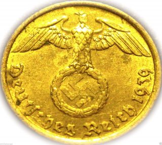 Germany - German 3rd Reich - German 1939g Gold Colored 5 Reichspfennig Coin Ww2 photo