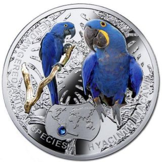 Niue 2014 1$ Hyacinth Macaw Blue Parrot Proof Silver Coin With Crystal photo