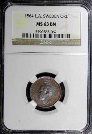 Sweden Carl Xv Adolf Bronze 1864 L.  A.  1 Ore Ngc Ms63 Bn Km 705 Top Graded Coin photo