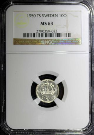 Sweden Gustaf V Silver 1950 Ts 10 Ore Ngc Ms63 Last Date Of Type Km 813 photo