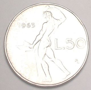 1963 Italy Italian 50 Lire Blacksmith Coin Vf photo