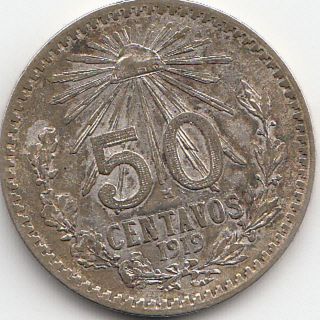 1919 Mexico Silver 50 Centavos - Cap And Rays photo