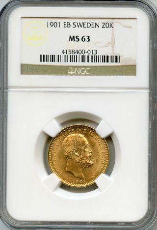 Sweden 1901 King Oscar Ii 20 Kronor Gold Coin Graded Ngc - Ms - 63 - Unc. photo