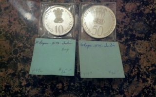 2 India Silver Coins; 1972 10 Rupee Coin 97a 1974 50 Rupee Coin Y - 103 Priv Coll photo