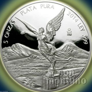 5 Oz - 2014 Mexican Silver Libertad Proof Coin In Capsule Only 800 photo