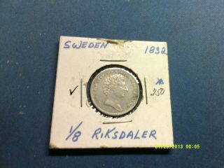 Sweden 1/8 Riksdaler Silver Coin.  750 1832 Km626 photo