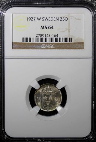Sweden Silver Gustaf V 1927 - W 25 Ore Ngc Ms64 Luster.  Top Graded Km 785 photo