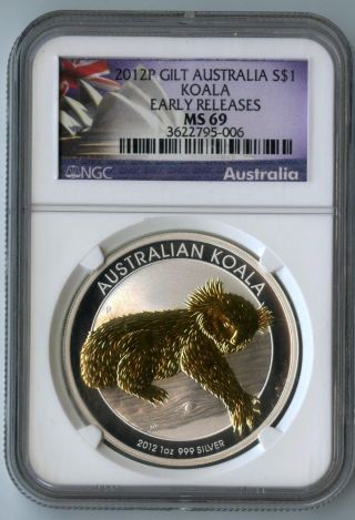 Australia 2012 P Koala Guilt Dollar Ms 69 Ngc 999 Silver Early Release Coin photo