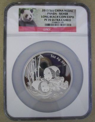 2013 China Panda Long Beach Coin Expo 5 Troy Ounce Silver Ngc Pf70 Ultra Cameo photo