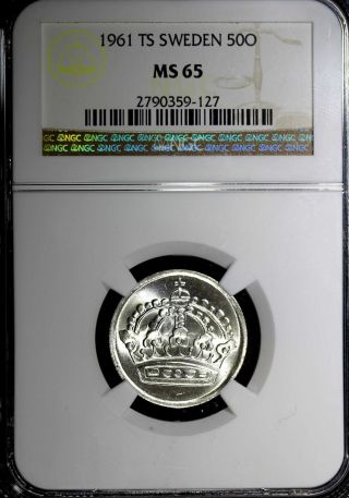 Sweden Gustaf Vi Silver 1961 Ts 50 Ore Ngc Ms65 Last Date For The Type Km 825 photo