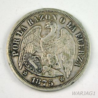 1875 Chile Uno Peso 24.  8 Grams.  900 Silver - Counter - Stamped - photo