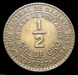 , Peru,  1947 ½ Sol De Oro Detail & Patina photo