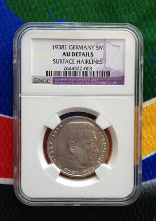 Ww2 German Third Reich Ngc Au 1938 E 5 Mark 90 Silver Reichsmark Coin photo