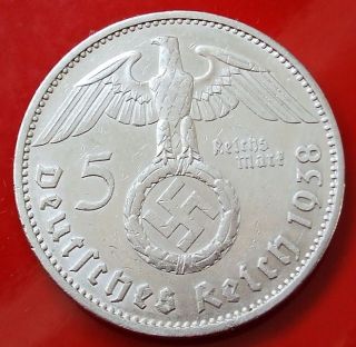 5 Mark Reichsmark 1938 A 90 Silver Swastika Km 94 3rd Reich Germany Rare photo