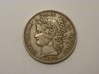 1880 Peru 5 Pesetas Large Silver Crown Scarce World Coin photo