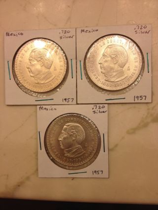 3 - 1857 - 1957 Centenario De La Constitution De Mexico 5 Cinco Pesos.  720 Silver photo