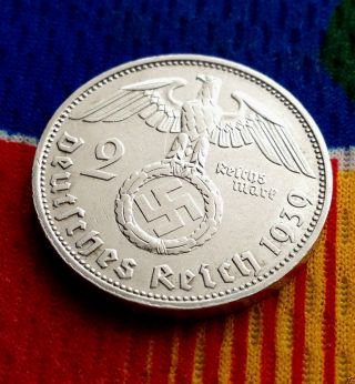 Wwii German 2 Mark Silver Coin 1939 F Third Reich Reichsmark 5 Star photo