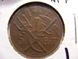 Danish West Indies 1 Cent,  5 Bit,  1905,  Xf photo
