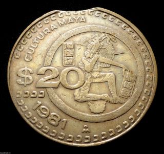, Mexico,  1981 20 Pesos Mayan Art Curved Clipped Planchet Patina photo
